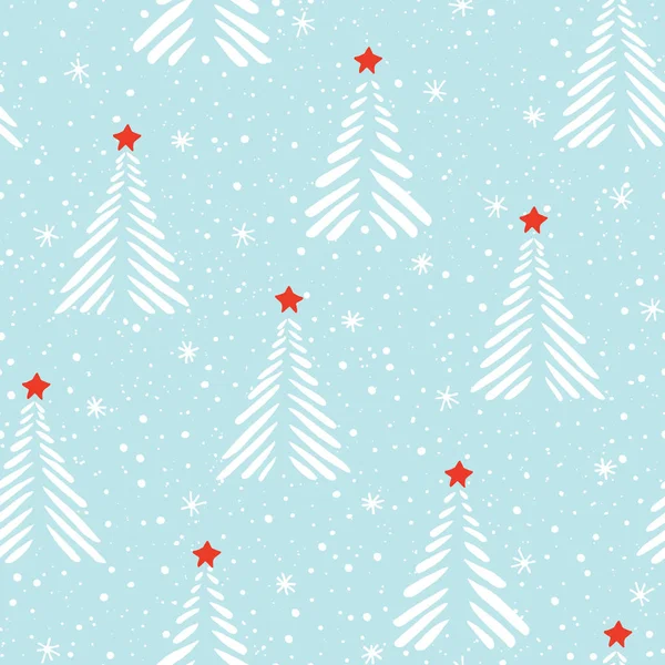 手描きリノカット抽象的なクリスマスツリー、雪、星ベクトルシームレスパターンの背景。冬の休日スカンジナビア — ストックベクタ