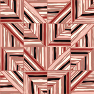 Büyük Boy Retro Geo El Çizilmiş Çizgiler Kareler Vektör Dikişsiz Desen. Modern Soyut Tozlu Pembe Arka Plan
