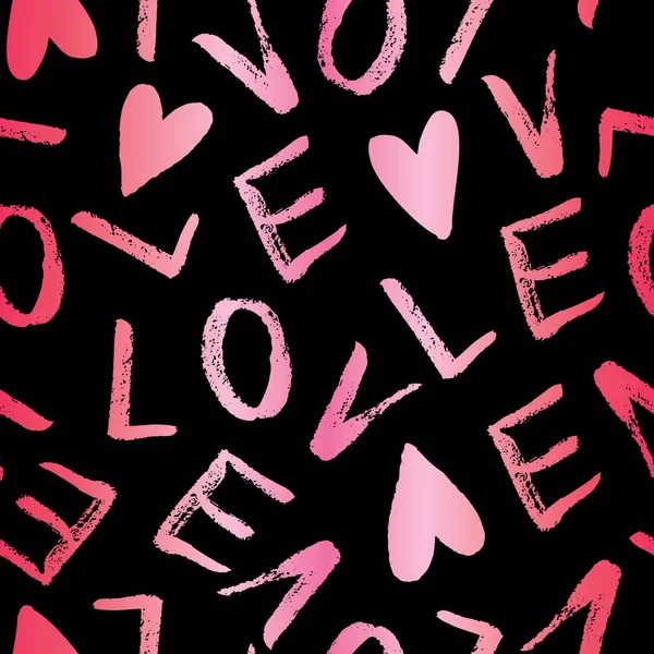 Hand Written Valentines Day Typography vector seamless pattern. Hand Drawn Doodle Hearts and Word Love. Gradient