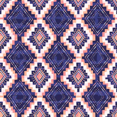 Renkli El Çizilmiş Kabile Elmas ve Çizgili Vektör Dikişsiz Desen. Dokulu Etnik Geo Backrgound