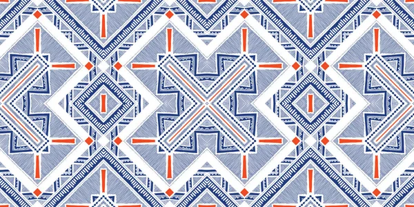 Blå och korall handritade Tribal korsar och Zig-zags vektor sömlösa mönster. Stiliserad, tät etnisk geo-textur — Stock vektor
