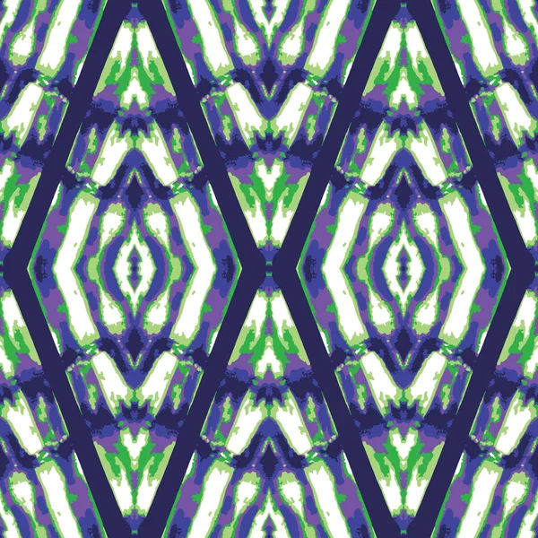 Brillante bianco e verde brillante Tie-Dye Shibori diamanti su sfondo indaco Vector Seamless Pattern — Vettoriale Stock