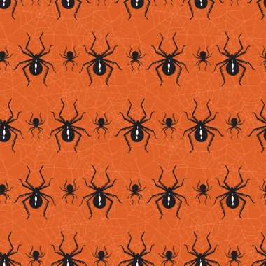 Turuncu Arka Plan Üzerinde Kara Dul Örümcekler ve Örümcek Web ile Halloween Vektör Dikişsiz Desen