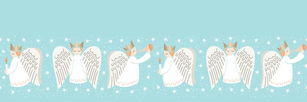 Carino Natale stile scandinavo Angeli e stelle su sfondo Aqua vettoriale senza cuciture orizzontale Border Pattern — Vettoriale Stock