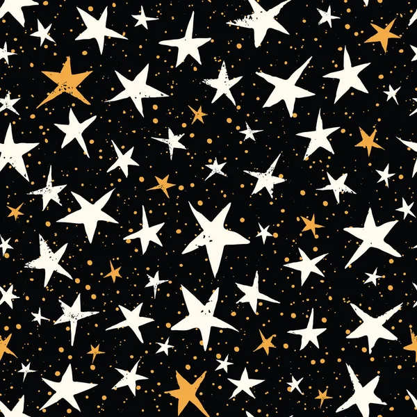 Linocut Beyaz ve Sarı Yıldızlar Siyah Gök Vektörsüz Düzen 'de. Kış Noel El Yazısı — Stok Vektör
