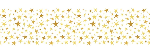 Linocut Altın ve Sarı Yıldızlar Beyaz Arkaplanda Kusursuz Sınır Kalıbında. Kış Noel El Yazısı — Stok Vektör