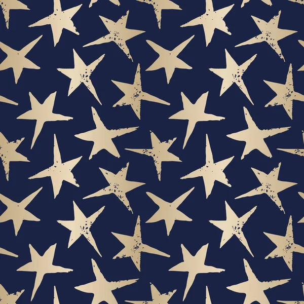 Festive Linocut Gold Stars on Dark Blue Background Vector Seamless Pattern. Winter Holidays Hand Made Print — Stok Vektör