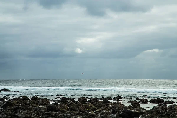 Gyönyörű Kilátás Köves Parttól Tomboló Óceán Hullám Alatt Tavasszal Vihar — Stock Fotó