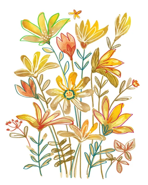 水彩花集 手绘花卉元素在白色背景上分离 幻想花卉 树叶和枝条收藏 — 图库照片