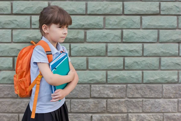 Lindo Niño Acechando Cuadernos Retrato Una Colegiala Aislada Una Pared —  Fotos de Stock