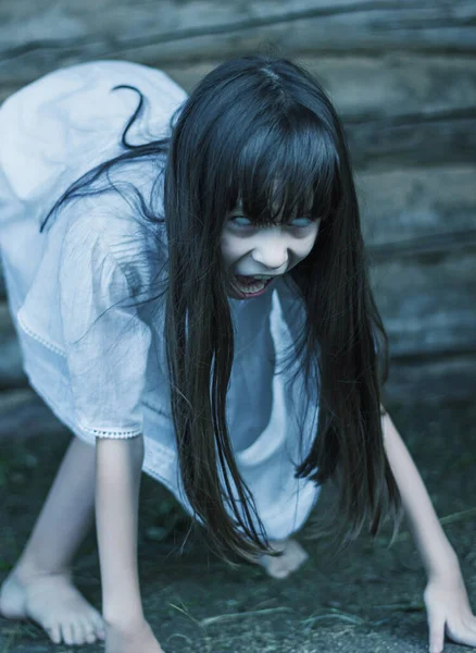 Scary Ghost Girl Long Black Hair Openes Mouth Hisses Crept — Stock Photo, Image