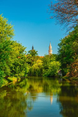 Opole şehir salonunda Warta Nehri yatağından görünümünü