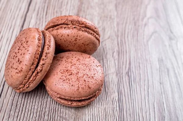Delicious Chocolate French Macaroons Macaron Wooden Background Whith Place Insert — Stock Photo, Image