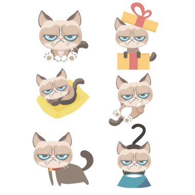 Huysuz kedi komik vektör kümesi.
