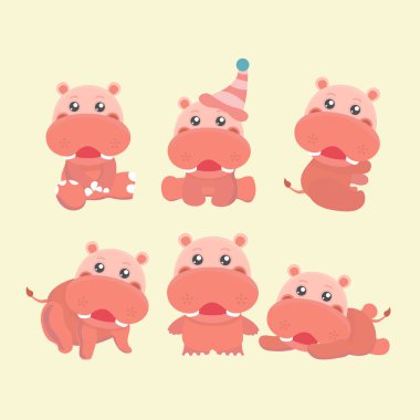 Koleksiyon komik hipopotam farklı pozlar çizgi film tarzı.