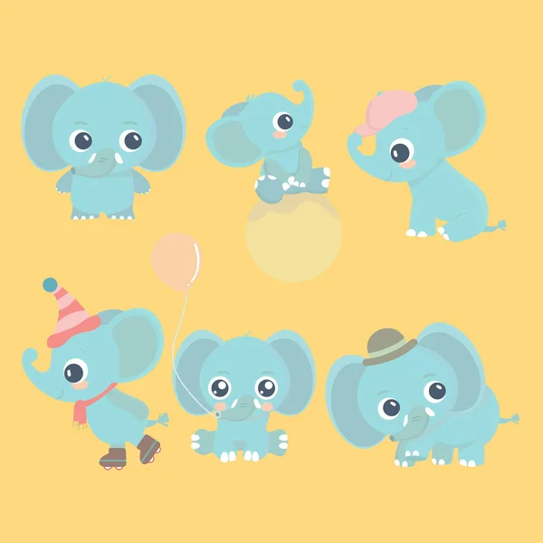 Cute cartoon baby elephant set. Adorable little elephants, greeting cards design elements.