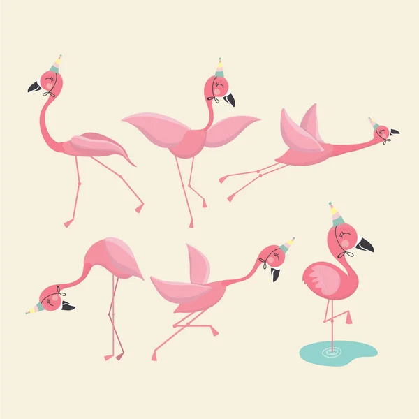 Conjunto Flamingo Rosa Ilustração Vetorial — Vetor de Stock