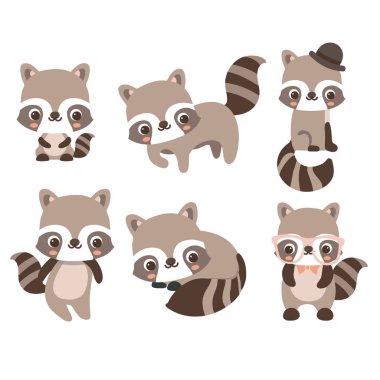 Koleksiyon komik rakunları izole etti. Duygusal küçük rakun. Vektör şirin bir rakun ayarladı. Çocuk tarzında çizgi film rakunu..