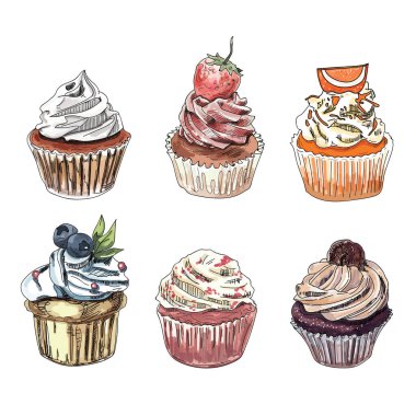  Beyaz arka plan üzerinde elle çizilmiş cupcakes kümesi.
