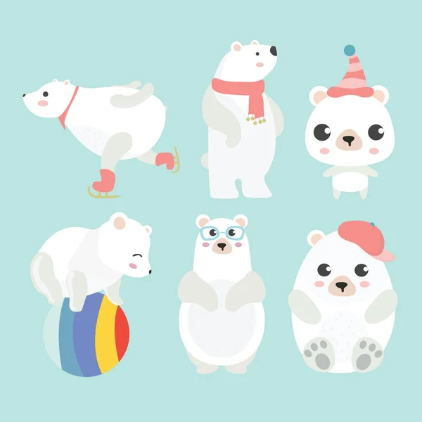 Cute Cartoon Polar Bear Different Poses — Stock Vector