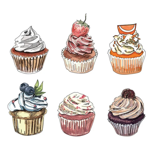 Ensemble Cupcakes Dessinés Main Sur Fond Blanc — Image vectorielle