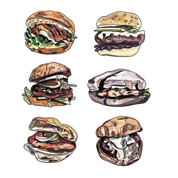 Rajzfilm Vektor Burger Fehér Háttér Beállítása — Stock Vector