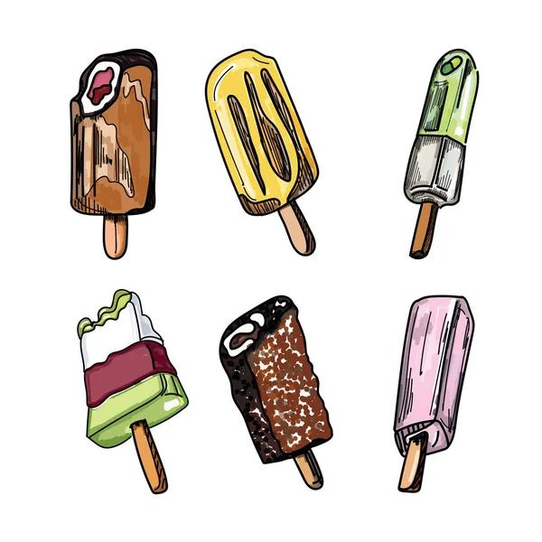 Vektör kümesi farklı lezzet izole renkli buzlu çubuk dondurma.