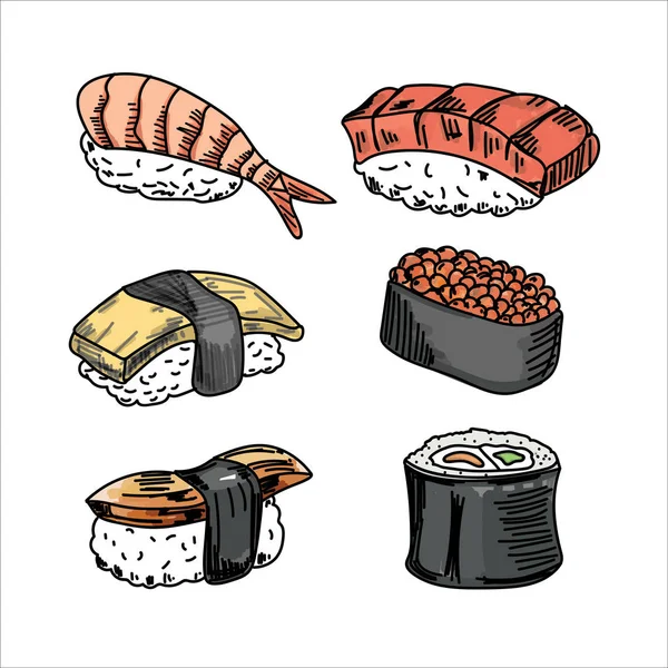 Koleksi Vektor Sushi Pada Latar Belakang Putih - Stok Vektor