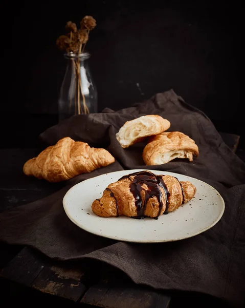 Croissant Decorated Chocolate Sauce — Stock Photo, Image