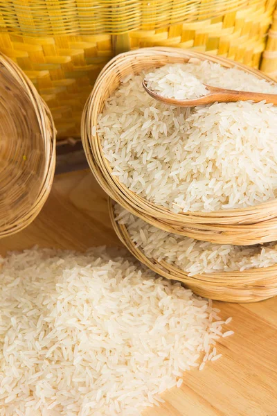 Raw Uncooked Rice Wooden Spoon Shallow Depth Field Focus Wooden — Stock Photo, Image