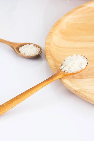 Raw Uncooked Rice Wooden Spoon Shallow Depth Field Focus Wooden — Stock Photo, Image