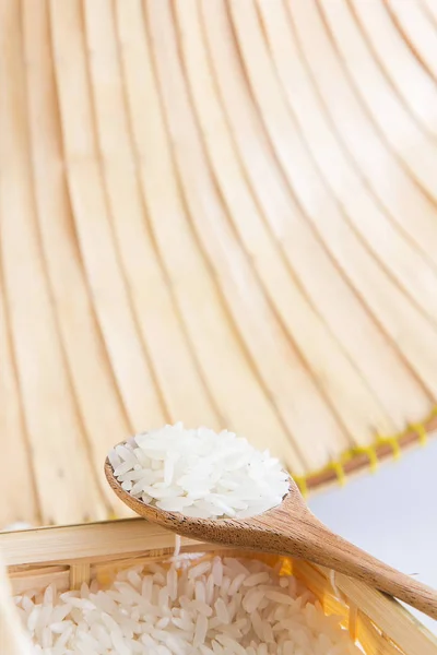 Raw Uncooked Rice Wooden Spoon Shallow Depth Field Focus Wooden — Stock Photo, Image