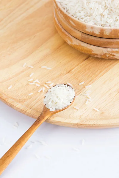 Raw Uncooked Rice Wooden Spoon Shallow Depth Field Focus Wooden — Stock Photo, Image