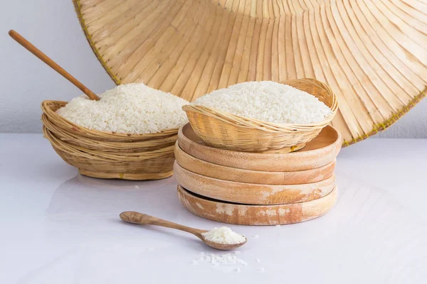 Raw Uncooked Rice Wooden Spoon Shallow Depth Field Focus Wooden — Stock Photo, Image