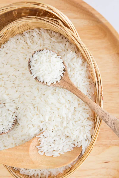 Raw Uncooked Rice Wooden Spoon Shallow Depth Field Focus Wooden — Stock Photo, Image