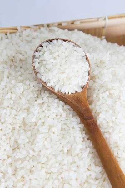 Raw Uncooked Rice Wooden Spoon Shallow Depth Field Focus Wooden — Stock Photo, Image