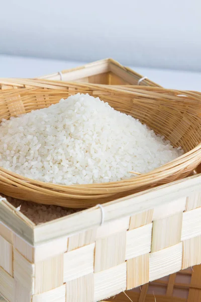 Raw Uncooked Rice Basket Weave Shallow Depth Field Focus Rice — Stock Photo, Image