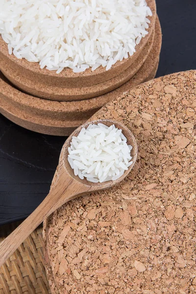 Raw Uncooked Rice Wooden Spoon Shallow Depth Field Focus Wooden — Stock Photo, Image