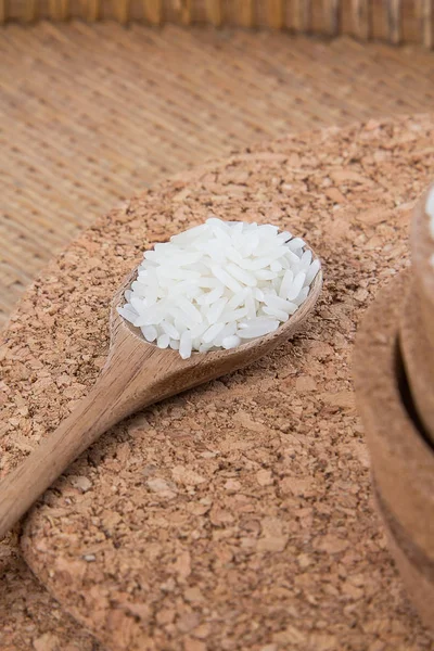 Raw Uncooked Rice Wooden Spoon Shallow Depth Field Focus Wooden — Stock Photo, Image