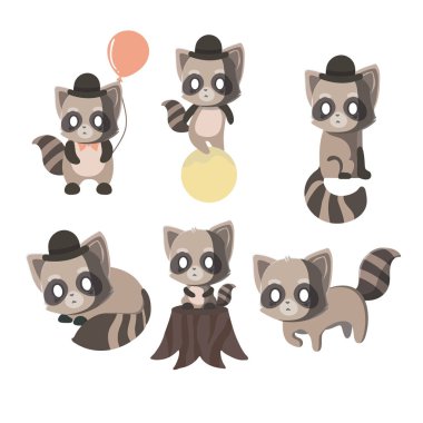 Collection isolated funny raccoon.