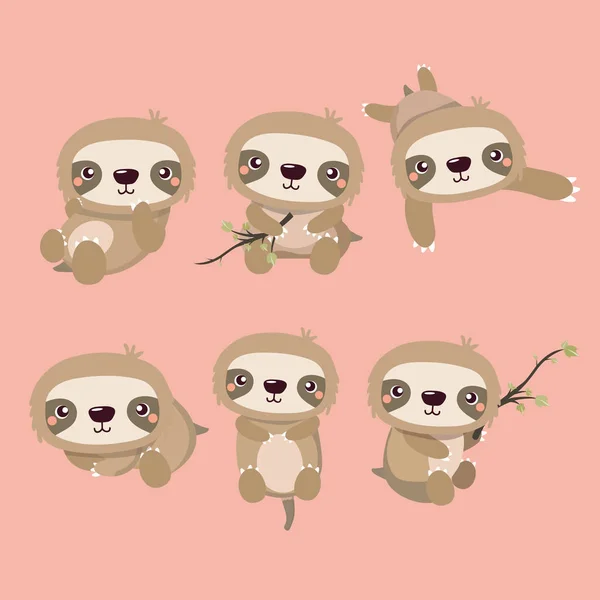 Cute Cartoon Smiling Lazy Sloth Set — Stock Vector