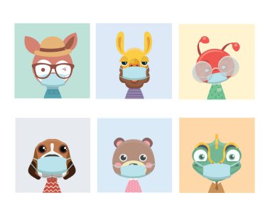 vektör covid-19 virüs maskeli hayvan çizimi