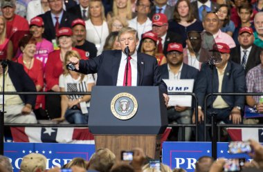 Tampa, Florida 31 Temmuz 2018 Temsilcisi Ron Desantis adresleri bir kalabalık Cumhurbaşkanı Donald Trump Tampa, Florida'da bir mitingde 31 Temmuz 2018 üzerinde izlerken.