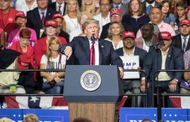 Tampa, Florida 31 Temmuz 2018 Temsilcisi Ron Desantis adresleri bir kalabalık Cumhurbaşkanı Donald Trump Tampa, Florida'da bir mitingde 31 Temmuz 2018 üzerinde izlerken.