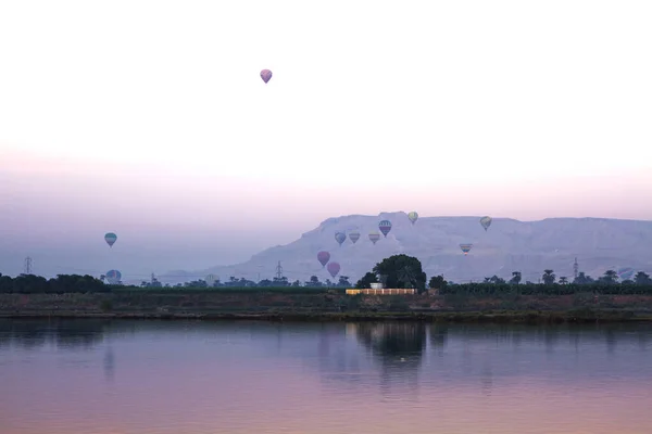 Nile River Sunrise Hot Air Balloons Luxor Egypt — Stock Photo, Image