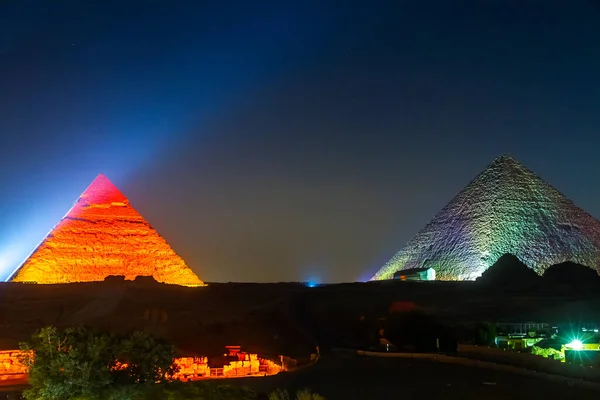 Stora Pyramiden Giza Upplyst Natten Unesco Världsarv Kairo Egypten — Stockfoto