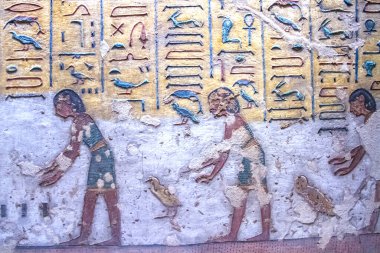 Krallar vadisinde hiyeroglifler bulunan firavunlar için antik mezar odaları, Luxor, Mısır. 