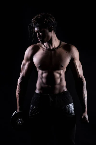 Afro American Showing Muscles Studio Black Background — Stock Photo, Image