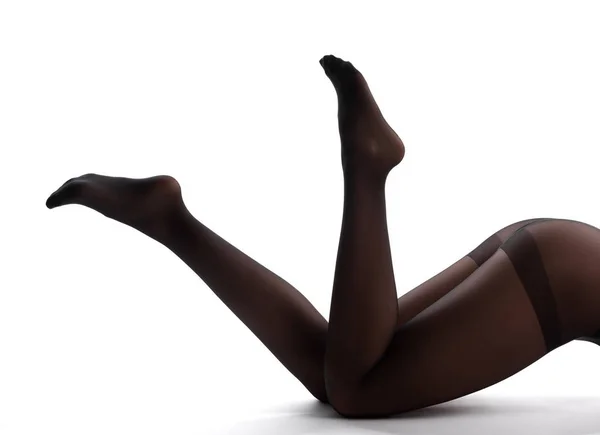 Sexy Žena Nohy Punčochy Směřující Nahoru Izolované Bílém Pozadí Žena — Stock fotografie