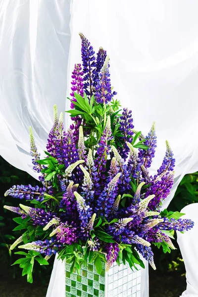 Flower arrangement with purple lupine pedestal. Still life with lupines